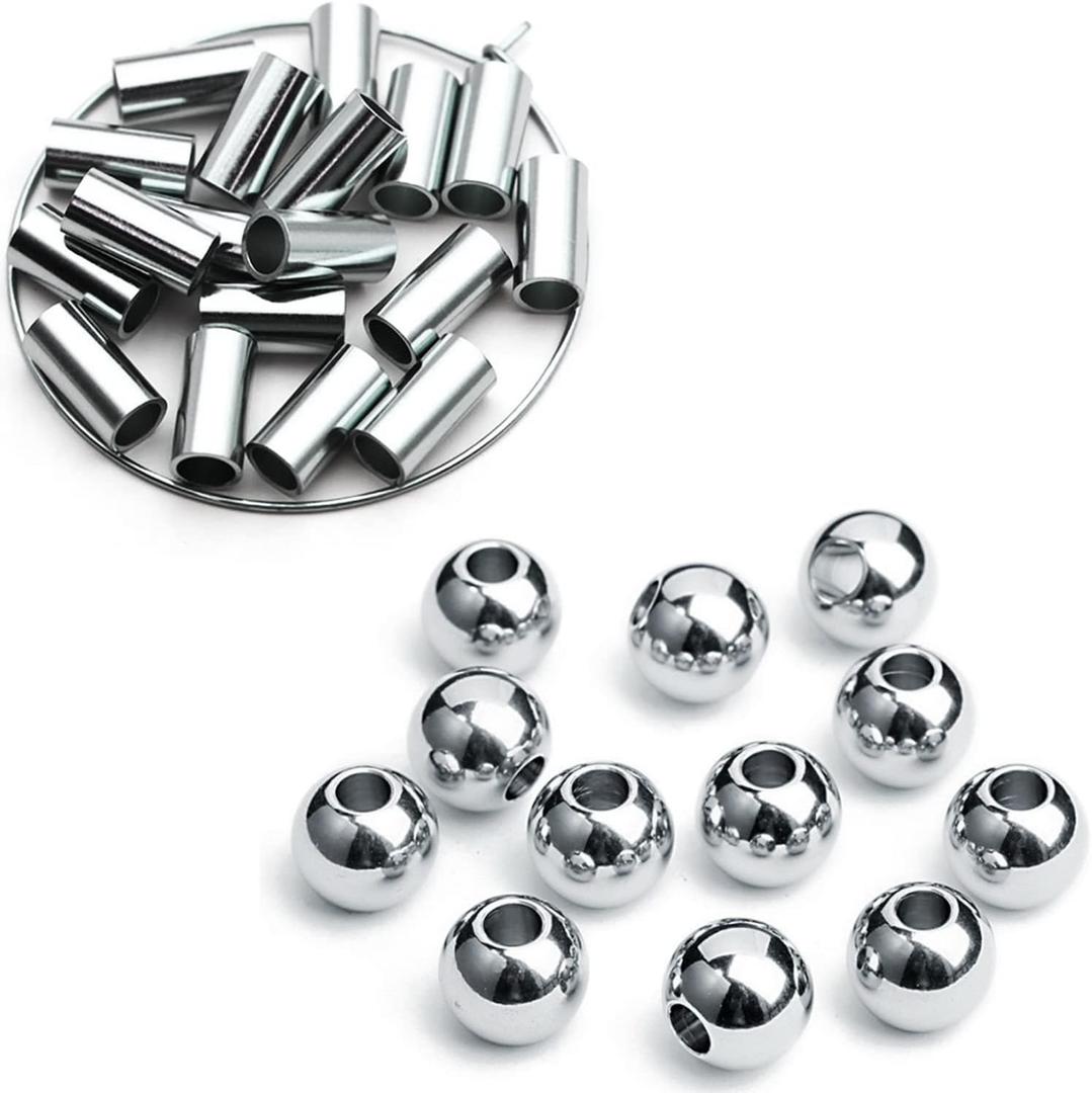 Ourtroness 200 Pieces Round Spacer Beads and 200 Pieces Long Tube Beads 3mm 304 Stainless Steel Loose Bead Smooth Charm Bead for DIY Craft Jewelry Making