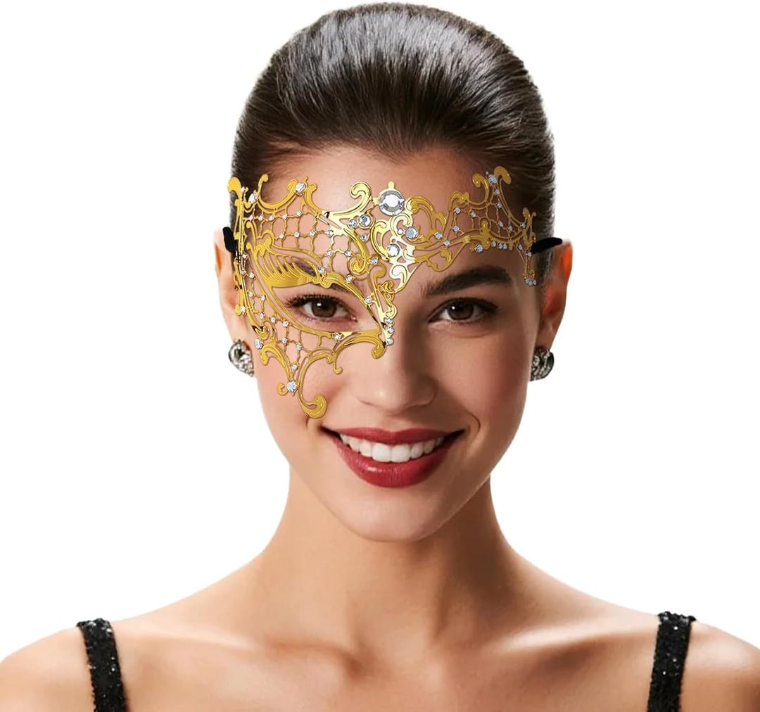 Masquerade Mask for Women, Masquerade Mask for Venetian Ball, Wedding, Mardi Gras&Costume Party, Stretch Cord Design (Gold, Style-2)
