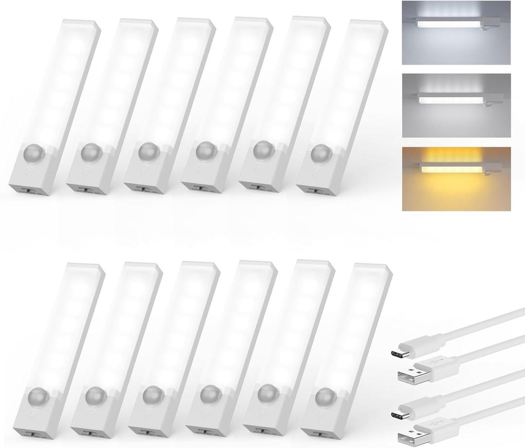 Under Cabinet Lighting 4 Inches Rechargeable Motion Sensor Light Indoor, 3 Color Dimmable Closet Light Battery Operated, USB Stick on LED Magnetic Under Counter Lights for Kitchen Stair,12 Packs