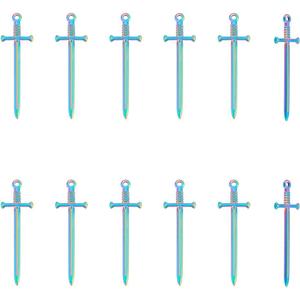 UNICRAFTALE 16pcs Rainbow Sword Pendants 45mm Stainless Steel Swords Charms Bookmark Hypoallergenic Punk Earring Sword Charms Metal Bracelets Charm for DIY Jewelry Making