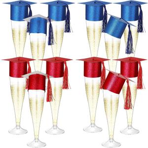 Funnymoom 12 Pack 2026 Graduation Disposable Champagne Flutes Set 4.5 oz Plastic Grad Glasses and Mini Graduation Caps with Tassels for Cocktail Toasting Grad Party Favor (Red,Blue)