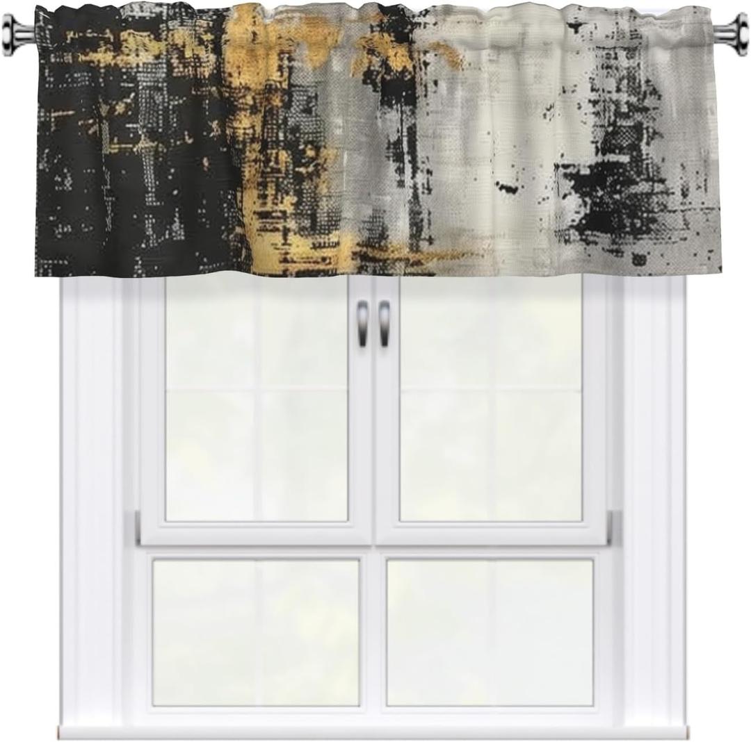 Black Gold Valance for Windows Abstract Print Small Window Curtain Valance Rod Pocket Short Curtains for Bathroom Living Room Cafe Laundry Basement 54 x 18 Inches, 1 Piece