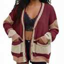 LKOUS Women's Sweater Cardigan with Pockets, Lightweight Casual Color Block Open Front Knit Cardigans Outerwear Red, Large