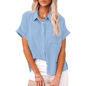 Womens Cotton Linen Button Down Shirts Short Sleeve Dress Shirts Casual Summer Tops Blouses with Pockets (X-Large, Sky Blue)