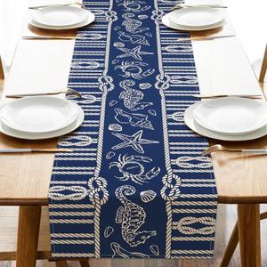 Navy Blue Nautical Dining Table Runner, Coastal Beach Ropes Starfish Crab Seahorse Conch Shell Burlap Kitchen Decoration, Ocean Marine Life Indoor Outdoor Home Decor Party Supply 13 x 90 Inches