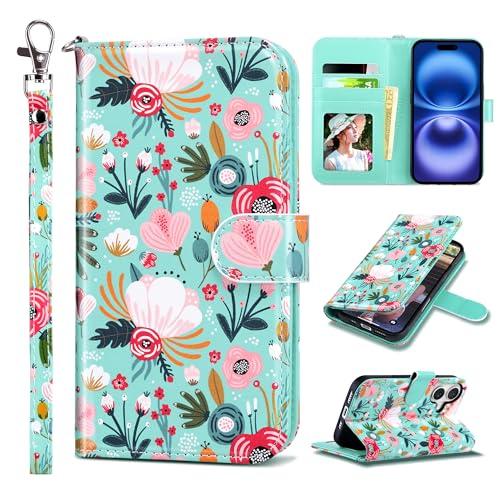 ULAK Compatible with iPhone 16 Wallet Case [RFID Blocking], Women PU Leather Shockproof Protective Folio Flip Cover with Card Holder Kickstand for iPhone16 6.1 inch, Mint