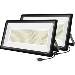 800W Warm White Flood Lights, Outdoor LED Security Floodlights with Plug, 3000K 80000LM Suer Bright, Commercial Arena Lighting for Court Backyard Stadium Fields 2 Pack