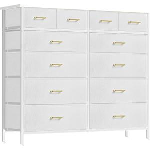 Compact 12 Drawers Dresser for Bedroom, Fabric Storage Tower, Chest of Drawers with Retro Wood Top for Closet, Nursery, Living Room (White)