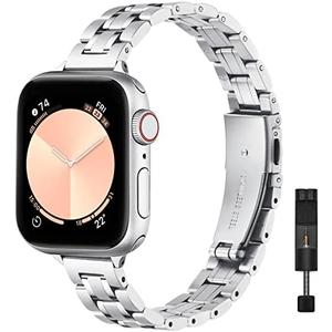 STIROLL Thin Replacement Band Compatible for Apple Watch 38mm 40mm 41mm 42mm(Series 11 10), Stainless Steel Metal Wristband Women Men for iWatch Ultra SE Series 9 8 7 6 5 4 3 2 1, Silver