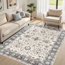 7x9 Area Rug for Living Room, Washable Vintage Pattern, Non-Slip Stain Resistant Soft Durable Floor Rug for Bedroom & Dining Room - (Blue & Beige)