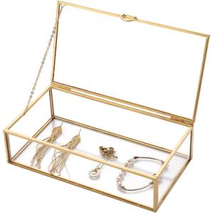7.8" Golden Vintage Glass Keepsake Box | Jwelry Lidded Box Decorative Glass Golden Boxes for Display,Clear Rectangle Box Rings Bracelet Earring Organizer (7.8 x 4.3 x 2.3inch)