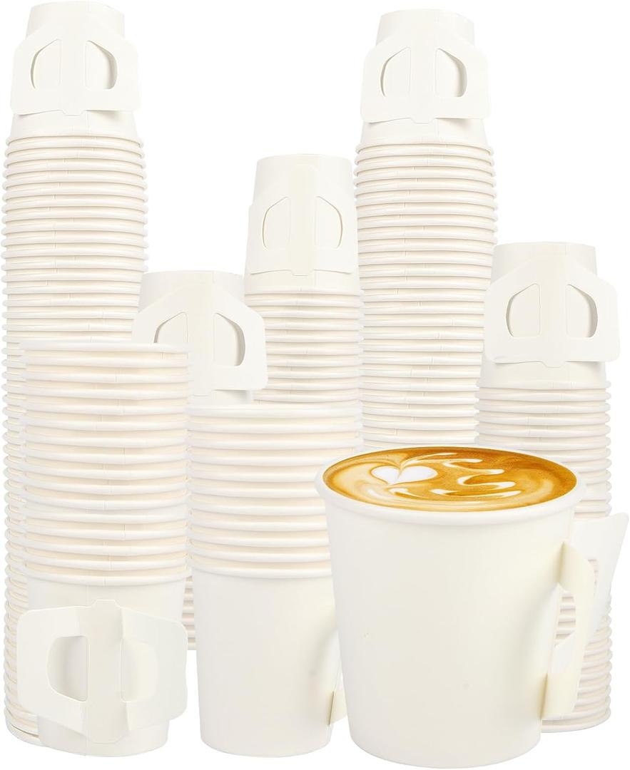 300 Count 4 oz Disposable Espresso Paper Cups with Handle, Bulk Pack for Hot and Cold Drinks, Ideal for Coffee, Tea, Cocoa, Juice, Picnic, Home, Office, Travel, and Events