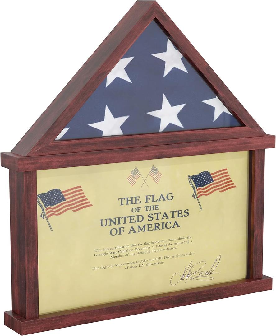 HBCY Creations Flag Display Case with Certificate Holder for 5' x 9.5' American Veteran Burial Flag, Solid Wood with Glass Front with Wall Mount or Standing Display, Cherry Finish