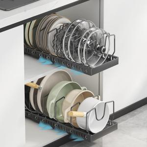 Pots and Pans Organizer Under Cabinet, Pull Out Pots and Pans Organizer, Under Cabinet Pot Lid Holder, Sliding type Pots and Pans Storage for Pot Lid, Bakeware, Dishes, 10 Adjustable Dividers