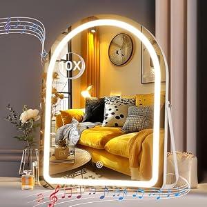 Hasipu Vanity Mirror with Lights and Bluetooth Speaker, 13.8"× 18" Arched LED Makeup Mirror, Lighted Makeup Mirror with Lights, Smart Touch Control Dimmable 3 Modes Light 360°Rotation White