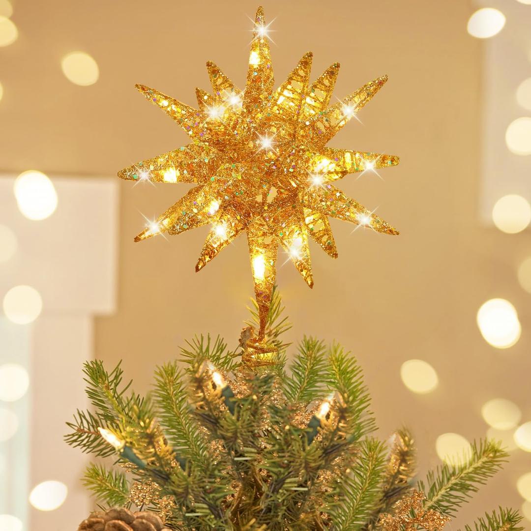 Luxspire Christmas Tree Topper, 3D Starburst Lighted Tree Topper, Plug in Christmas Star with Timer, Light Up Xmas Vintage/Modern Decorations for Holiday, Gold