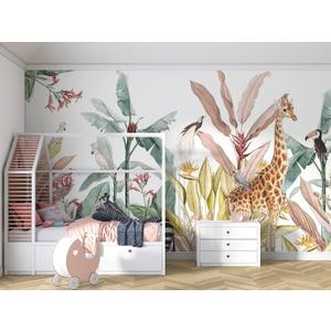 Tropical Banana Leaves and Safari Animals Wallpaper Mural for Kids Bedroom Background Wall (Not Peel and Stick) (Large 160"Wx112"H, M29)