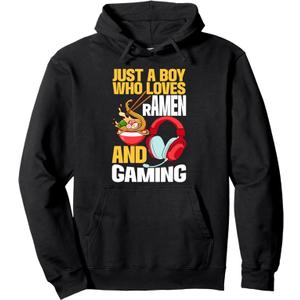 Just A Boy Who Loves Ramen And Gaming Japan Anime Video Game Pullover Hoodie (S, Black)