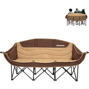 KingCamp Double Camping Chair, Oversized Heavy Duty Loveseat for Adults Portable Folding XL 2 Person Couch Padded Comfortable Two Seat with Cup Holder for Outdoor Lawn Backyard (L 3 Person Khaki/Coffee)
