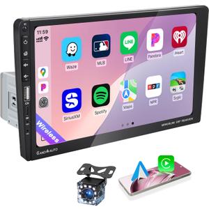 9 Inch Single DIN Car Stereo with Wireless Apple CarPlay Android Auto, Car Radio, 9" IPS Capacitance Touchscreen, Bluetooth 5.2, FM Receiver, Backup Camera,USB/Type-C, subwoofer, Apple Car Play