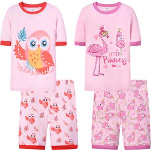 Joyond Girls Pure Cotton Summer Pjs Size 2T-14Years, Little Girls Short Sleeve 4-Piece Sleepwear Kids Toddler Pajamas Set (Pink Owl&flamingos)