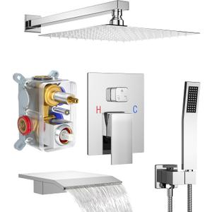 Shower System with Tub Spout, 10-Inch High-Pressure Rain Showerhead and Handheld Combo, Polished Chrome Shower Faucet Set with Rough-in Valve and Trim, Wall Mounted 3-Way Shower Set