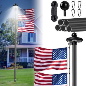 Thickened 11-Guage 25FT Heavy Duty Flag Pole with 128 Led Solar Light Powered, 120MPH Wind Tested, an Embroidered Flag, Fits Residential & Yard applications, Outside House InGround. (Sectional / 25FT / 2.3mm / 11 Gauge Aluminium)