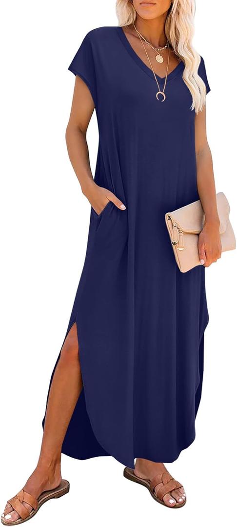 RUMIA Summer Casual Maxi Dresses for Women- Women's V Neck Cap Sleeve Long Sundress with Pockets Beach Vacation, Size 2XL