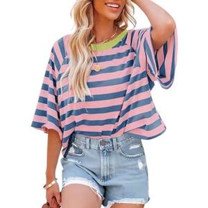 Dokotoo Tops for Women Striped 2025 Fashion T Shirts for Women Color Block Crewneck Design Loose Basic Tee Size L