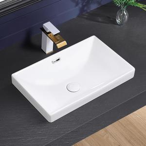 Semi Recessed Bathroom Sink 21"x13" Vessel Sink Drop-in White Porcelain Ceramic Modern Rectangular Sinks Basin Vanity Sinks with Overflow for Bathrooms