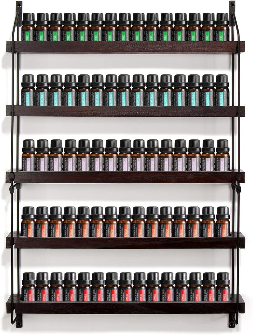 THYGIFTREE Essential Oil Storage Shelf Wall Mounted 16.9" Wooden Essential Oil Collection Display Rack Organizer 5 Tiers Holds 75 Bottles, Nail Polish Holder Paint Organizer