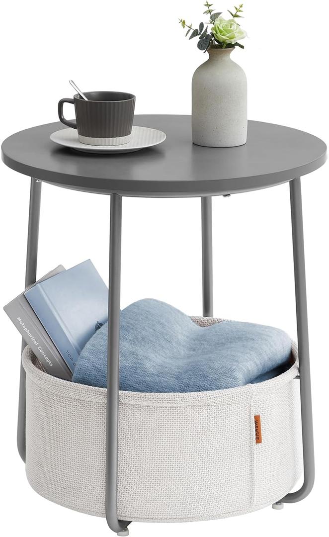 VASAGLE LILEA Collection - Small Round Side End Table, Modern Nightstand with Fabric Basket, Cement Gray and Cream White ULET223G49