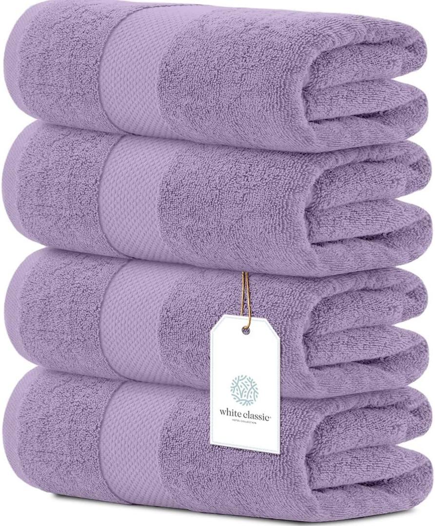 White Classic Luxury Bath Towels Set of 4 Large - 700 GSM Cotton Ultra Soft Bath Towels 27x54 | Highly Absorbent and Quick Dry | Hotel Towels for Bathroom Luxury, Plush Shower Towels, Lavender