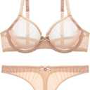 Varsbaby Women's See Through Sheer Mesh Unlined Underwire Everyday Bra and Panties(D303TS-Beige-34E+N082TS