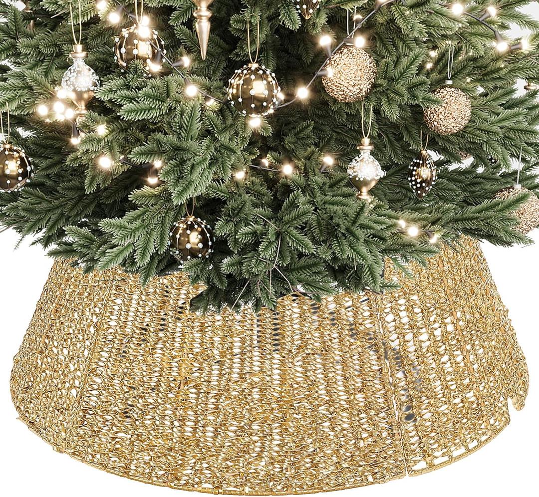 ELYKEN 28 Inch Christmas Tree Collar, Gold Woven Xmas Tree Skirt for 7.5 ft Trees, Stylish Tree Base Cover with Cord Cut-Out, Round Tree Ring for for Pencil Trees, Easy Assembly