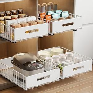Mustorn 2 Pack Pull Out Cabinet Organizer, Slide Out Cabinet Drawers Peel and Stick Pull Out Drawers Heavy Duty Pull Out Shelf for Kitchen, Cupboard, Pantry, Bathroom (16.5" D*11.8" W*3.94" H-White)