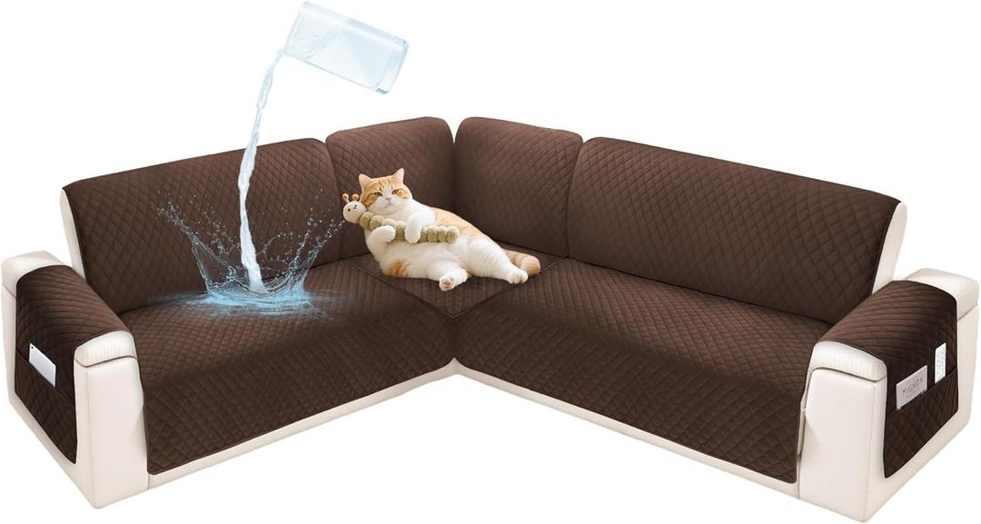 Sectional Couch Covers for Dogs 100% Waterproof Corner L Shaped Sofa Cover Pet Friendly Velvet Washable Anti Slip L Shape Modular Sofa Slipcover Protector with Pockets (Dark Brown, X-Large)