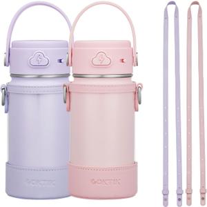 COKTIK 2 Pack Kids Water Bottle with Straw, 14oz Insulated Stainless Steel Tumbler, Leak-Proof Locking Lid for School, Lunchbox, Outdoor Sports, Case with Shoulder Strap(2 Pack, Pink+Purple)