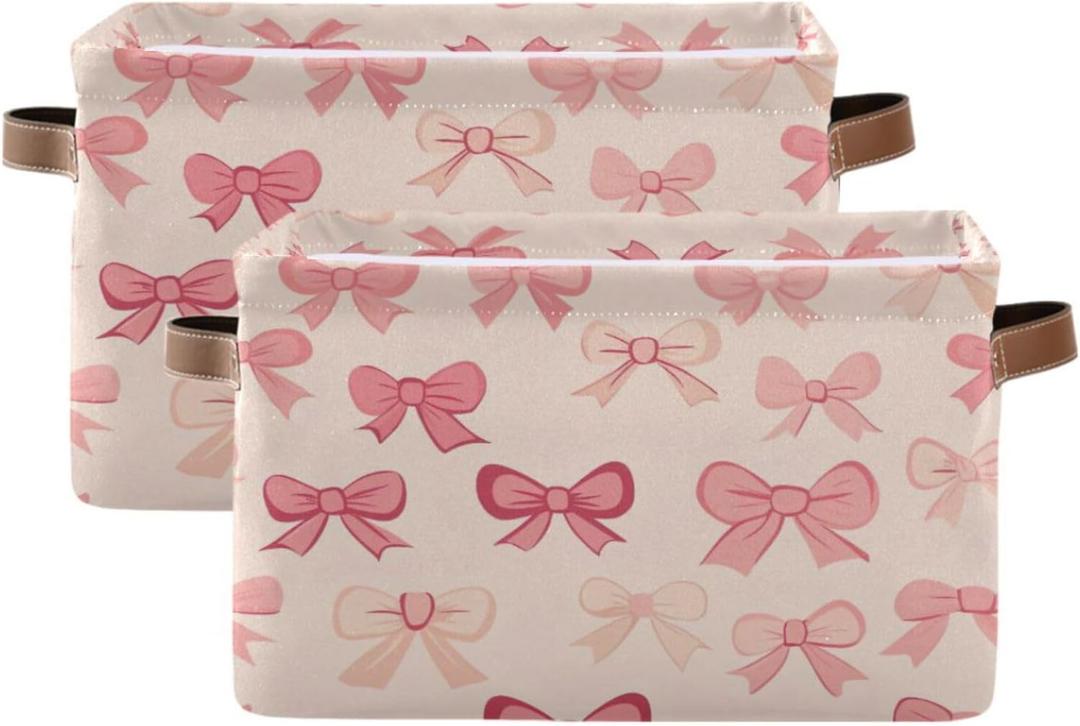 Bow Pink Storage Basket 2PCS, Large Collapsible Toys Clothes Organizer, Long-Lasting Canvas Storage Bin with Handle for Shelves Closet Laundry Home Office Decor (14 x 10 x 8 Inch x 2 Pack)
