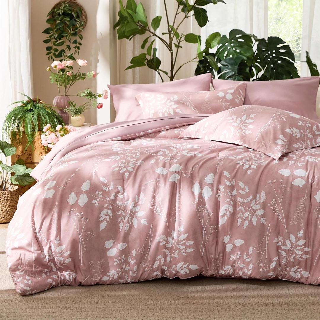 Bedsure Rose Pink Queen Comforter Set - 7 Pieces Floral Bedding Sets Queen Bed in a Bag with Reversible Botanical Flowers Comforter, Sheets, Pillowcases & Shams