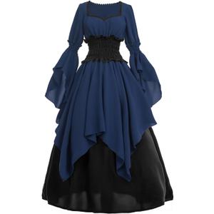 LTAKK Renaissance Dress Medieval Costume Victorian Dresses Women Peasant Gothic Fairy Witch Wedding Dress (Blue, S)