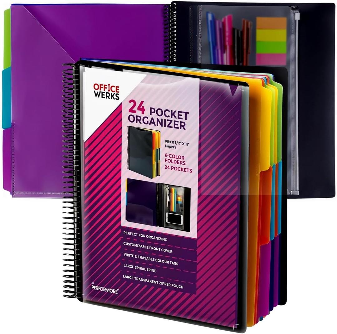 Performore 24 Pocket Spiral Project Organizer with 12 Dividers, Fits 8.5" X 11" Letter Size Papers Folder with Dividers, Front and Back Customizable Covers, Erasable Write On Tabs for Documents Files