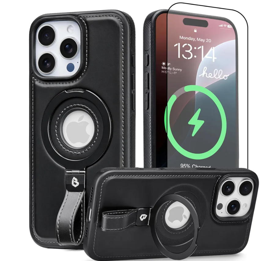 for iPhone 16 Pro Max Case Leather | iPhone 16 Pro Max Leather Case with Stand | Compatible with MagSafe with Magnetic Ring Grip Holder (Black, IP 16 Pro Max-6.9inch)