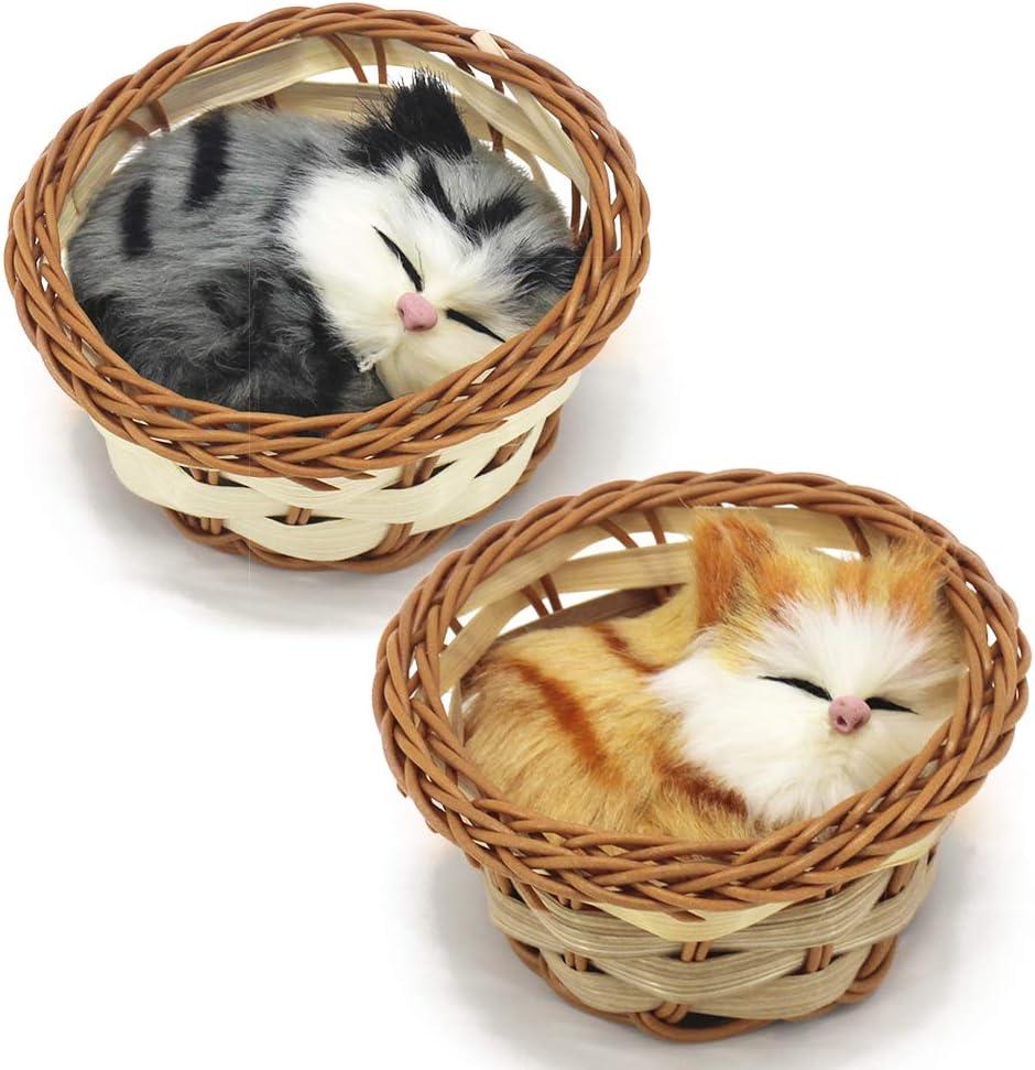 2Pcs Sleeping Cat in Basket Doll Toy, Mini Kitten in Woven Basket with Meows Sounds Decor for Office Desk Hand Toy Gift for Kids Boys Girls