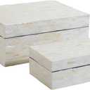 PEMAR Set of 2 Mother of Pearl Decorative Boxes w Lids, Handmade Mosaic Keepsake Jewelry Box Rectangular Treasure Chest, Shelf Decorative Wooden Box for Memory Tea Bags Coffee Accessories (White)