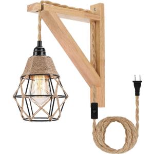 Frideko Wall Lamp with Plug in Cord - Plug in Wall Sconces, Farmhouse Hanging Lamps that Plug into Wall Outlet, Rustic Wall Mount Lamp with Wood Shelf Bracket & Switch Cord for Living Room, Bedroom (Orange)