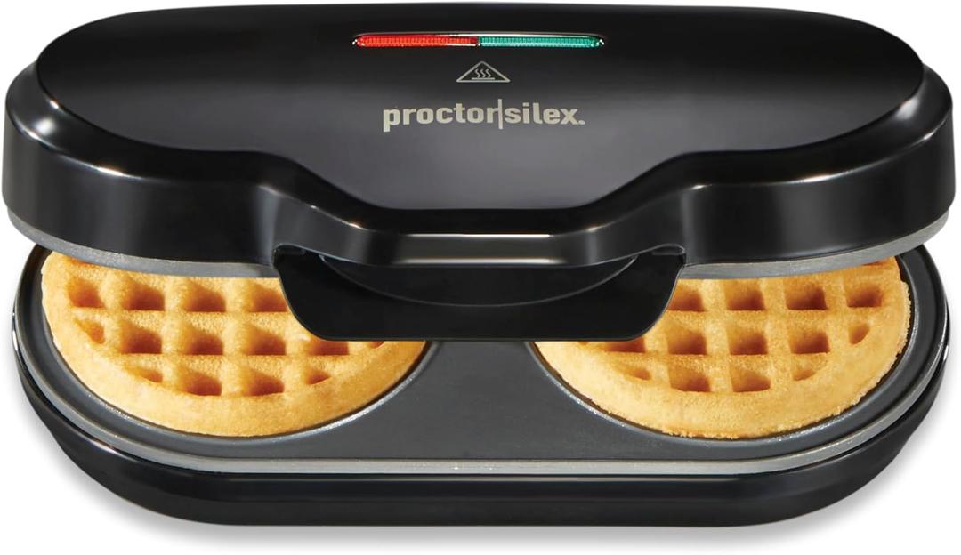 Proctor Silex Double Mini Waffle Maker Machine with 4 Round Non-stick Grids, Makes 2 Personalized Individual Breakfast Keto Chaffles and Hashbrowns, Compact, Black (26102)