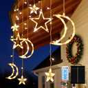 Moon Stars Solar String Lights for Outdoor, Christmas Decorations Curtain Lights with Remote Control and USB Backup Charger, Automatic ON-Off, IP65 Waterproof, Warm Yellow