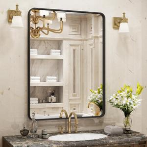 24x30 Inch Black Matte Framed Bathroom Mirror for Wall, Rounded Corner Rectangle Vanity Mirror, Tempered Glass, Anti-Rust, Shatterproof (Horizontal/Vertical)