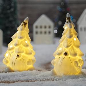 2 x Ceramic Christmas Tree Gnomes Decoration for Tabletop Christmas Decor Indoor, White Gnome Lighted Ceramic Trees Decor